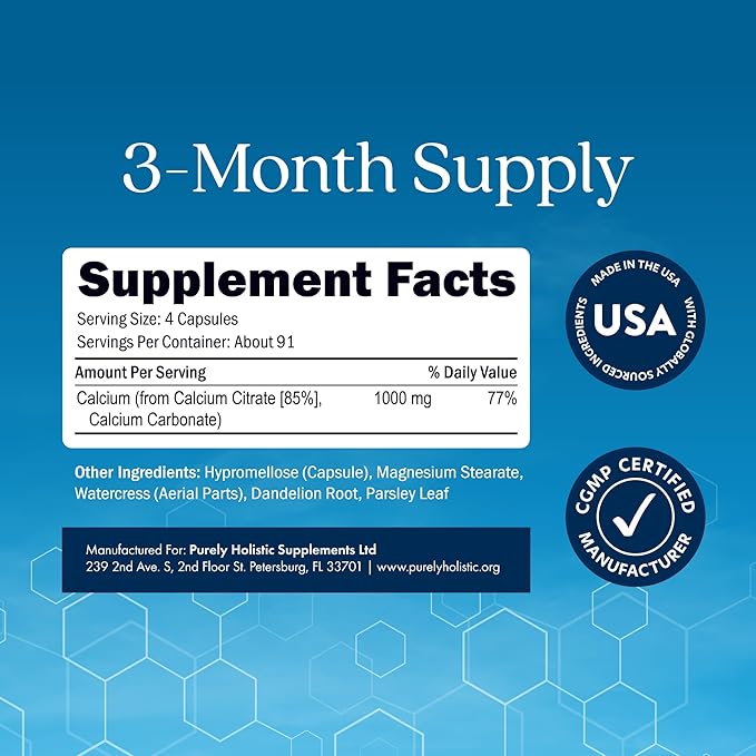Calcium Citrate 1000mg | Healthy Bone &amp Teeth Support | High Absorption Cal Citrate | Gentle on Digestion | Vegan &amp Non-GMO | 3 Month Supply | Calcium Supplements for Women &amp Men | 365 Cap