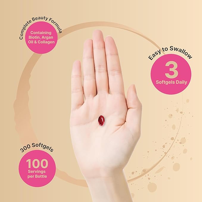NatureBell Hair Skin &amp Nails* Vitamins for Women – 5000mcg Biotin Collagen Keratin Hyaluronic Acid Argan Oil &amp B‑Complex – 21‑in‑1 Formula with MCT Oil 300 Softgels (100 Days Supply)