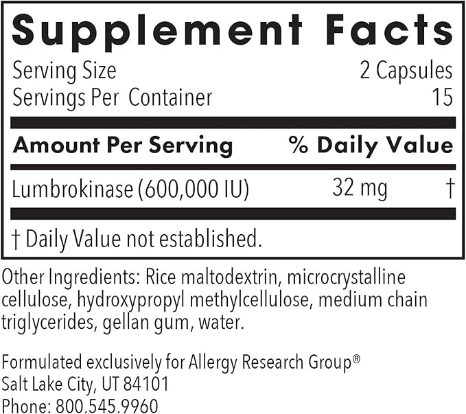 Allergy Research Group ARG Lumbrokinase - 32 mg Lumbrokinase - Circulatory System Support - Delayed-Release Capsules - Gluten-Free &amp Non-GMO - 15 Servings - 30 Capsules