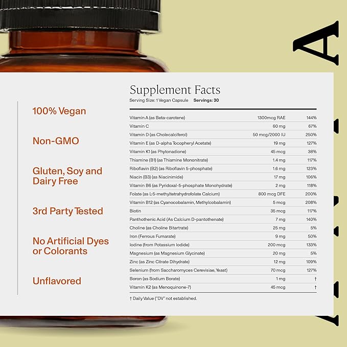 ANYA Postpartum Multivitamin Postnatal Vitamin for Women Breastfeeding 30 Capsules - Vitamins A C D3 Zinc B12 Biotin Folate and Iron - 100% Vegan Non-GMO Gluten Free Baby Shower Gifts