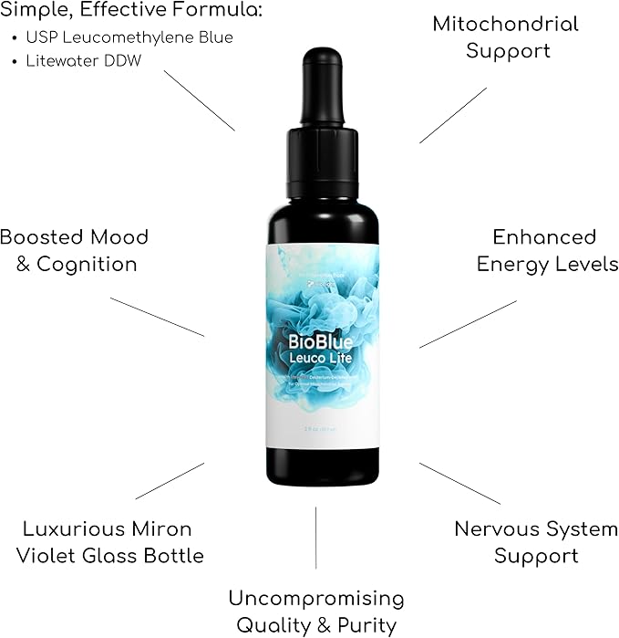 BIOLIGHT BioBlue Leuco Lite | Leucomethylene Blue Mixed in Litewater DDW | Supplement for Mitochondrial Support | Brain Health Increased Energy Focus | 2 fl oz 30-Day Supply | USP Grade