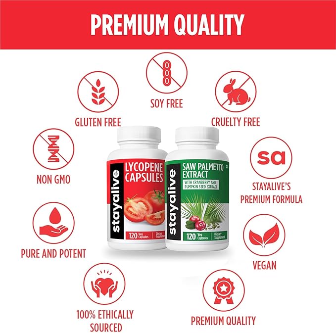 STAYALIVE Lycopene and Saw Palmetto Bundle with Cranberry and Pumpkin Seed Extract 240 Vegan Pills Non-GMO &amp Gluten Free Men's Health Supplement