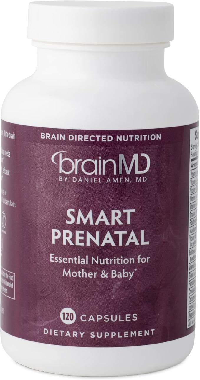 BRAINMD Dr Amen Smart Prenatal - 120 Capsules - Multivitamin for Mom &amp Baby Promotes Healthy Pregnancy &amp Growth &amp Development in Babies - Gluten-Free - 30 Servings