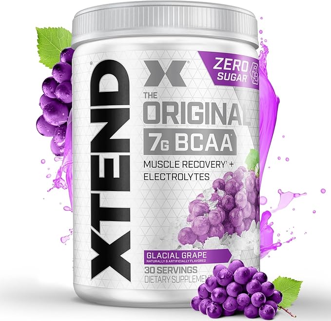 Xtend Original BCAA Powder 7g BCAAs and 2.5g L-Glutamine for Muscle Recovery Hydration and Lean Muscle Sugar Free Intra and Post Workout Drink with Electrolytes Glacial Grape 30 Servings