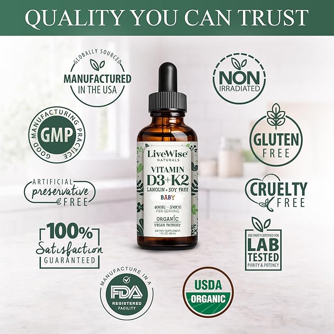 Live Wise Naturals Organic Vitamin D3 K2 Liquid Drops for Babies Concentrated Formulation 225 Servings (MK-7) Micro-Dose Dropper Gentle Daily Supplementation Early Development Precise Dosing