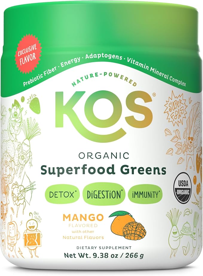KOS Organic Superfood Greens Powder - Gut Health from Prebiotic Fiber Supergreens and Adaptogens - USDA Certified Organic Made in a GMP Certified Facility - 28 Servings Mango