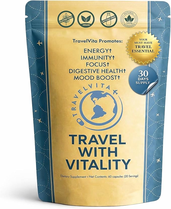 Natural Travel Pills - Traveling Supplement for Jet Lag Relief Digestion Immunity Energy Sleep Circulation - Vacation and Long Flight Essentials for Men and Women - 30 Day Supply