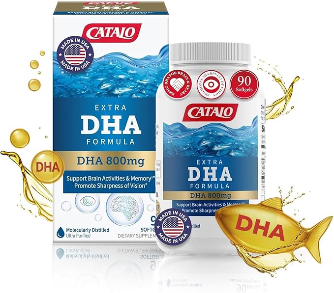CATALO Extra DHA Formula 800mg DHA per Serving Ocean Fish Oil Softgels with Natural Lemon Flavor Advanced Molecular Distillation Easy-to-Swallow No Artificial Colors &amp Preservatives – 90 Soft