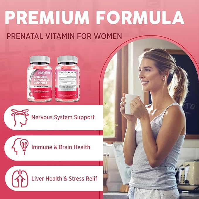 Prenatal Choline Inositol Gummies Chewable Choline Supplement with DHA Prenatal Vitamin for Women &amp Kids Support Nervous System Immune &amp Brain Health Vegan Strawberry Flavor Sugar Free