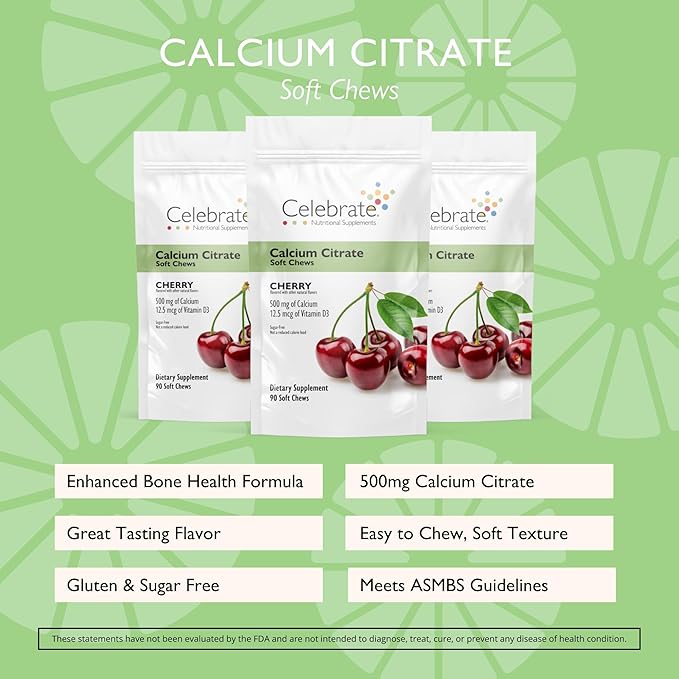 Celebrate Vitamins Bariatric 500mg Calcium Citrate Soft Chews with 500 IU Vitamin D3 – Essential for Gastric Bypass Patients &amp Bone Health - Sugar &amp Gluten Free Cherry (270 Chews)