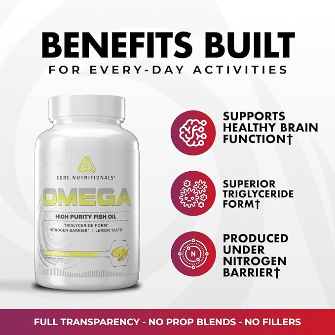 Core Nutritionals Omega High Purity Fish Oil | Triglyceride Form EPA &amp DHA | 1300mg Omega-3s | Brain &amp Heart Health Support | Lemon Taste | 120 Softgels