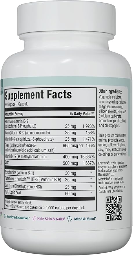 Stress B Complex Vitamins – Methyl-B Supreme with Methylated B12 B6 Folate &amp Biotin – Calm Energy &amp Relaxation Support – Kosher Vegan 60 Capsules