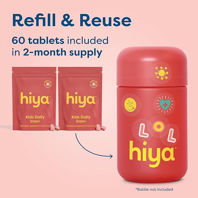Hiya Iron+ Supplements for Kids - High Absorption Iron Supplement - Delicious Strawberry Flavor &amp Easy on Children's Stomach - No Added Sugar &amp Third Party Tested - 60 Day Refill Supply for To