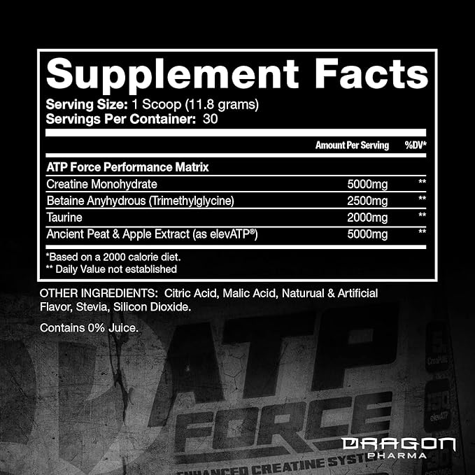 DRAGON PHARMA ATP Force Enhanced Creatine System Stim-Free Increase Lean Muscle Mass &amp Recovery 5 Grams of CreaPure Improves Blood Flow (30 Servings Grape Juice)
