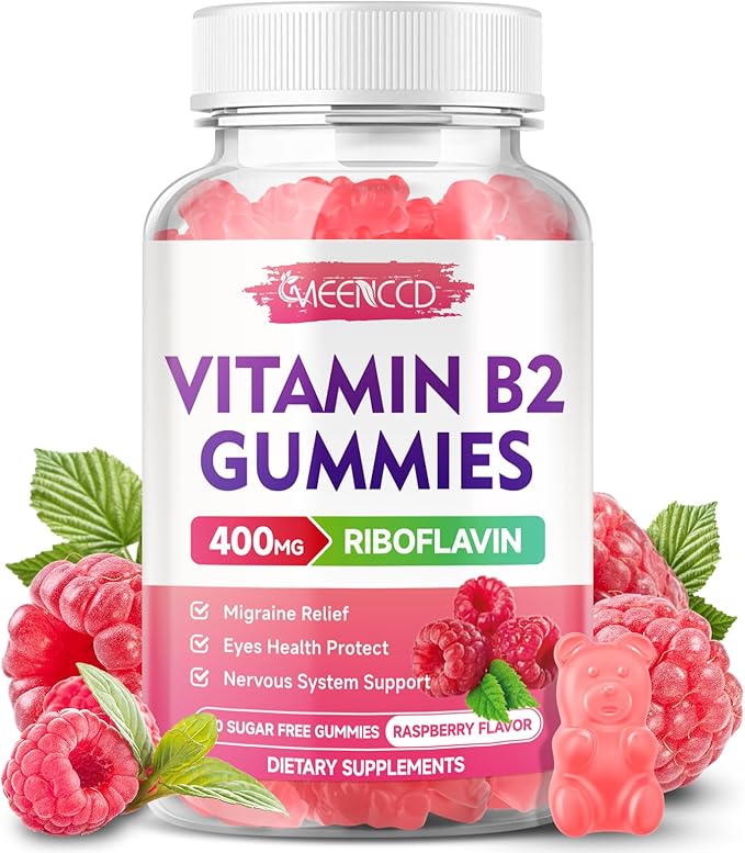 MEENCCD Vitamin B2 Gummies Riboflavin 400mg Supplement with Magnesium for Kids &amp Adults B2 Gummies for Migraine Relief &amp Nervous System Support Vegan Sugar-Free Raspberry Flavor 60 Count