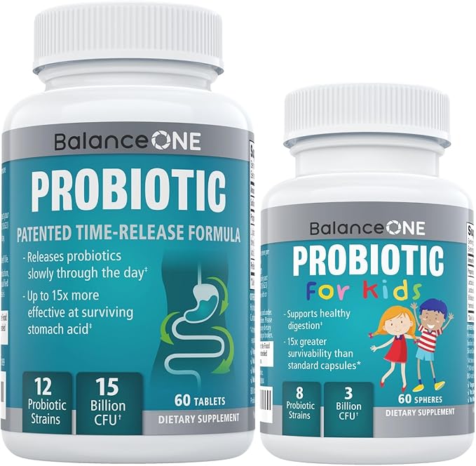 Balance ONE Probiotic Family Pack - 2 Month Supply for Adults &amp Kids - Time Release Probiotic Tablets - 15x More Effective - Non-GMO