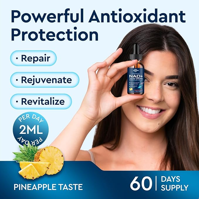 Liposomal NAD Supplement - 1200mg NAD+ Liquid Drops for Women &amp Men Nicotinamide Riboside with Resveratrol PQQ CoQ10 Quercetin for Anti-Aging Brain &amp Cellular Mitochondrial Pineapple 4 F