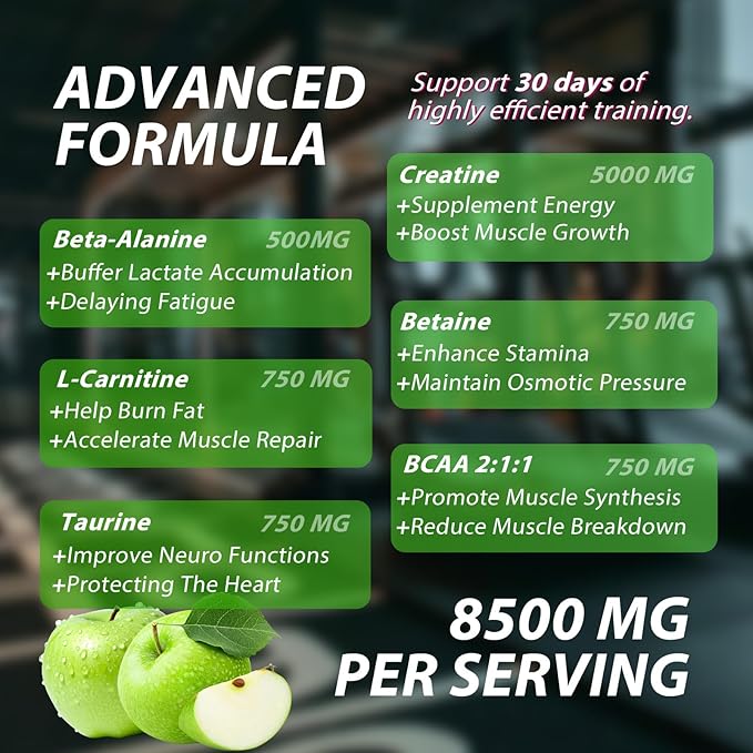 Creatine Monohydrate Gummies Complex 8500 MG for Men &amp Women Creatine Monohydrate Supplement for Muscle Growth Strength &amp Energy Support Pre Workout Gummies 120 Count Green Apple Flavor