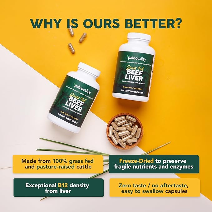 Paleovalley Grass Fed Beef Liver Capsules – Beef Organ Supplement for Men &amp Women 100% Pasture-Raised &amp Freeze-Dried Vitamin A &amp B Ancestral Superfood for Energy Immunity &amp Wellnes