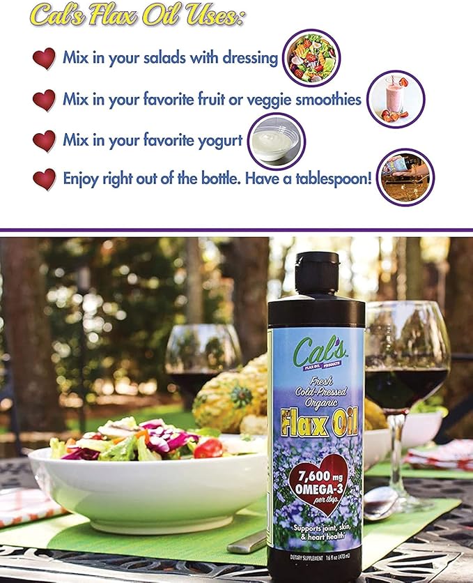 Cal's Flax Oil Cold Pressed Flax seed High in Omega 3 Fatty Acid Unrefined Flax Seed Oil Pure Flax Seed Oil Liquid Supplement for Joint Skin and Heart Health Support - 32 oz