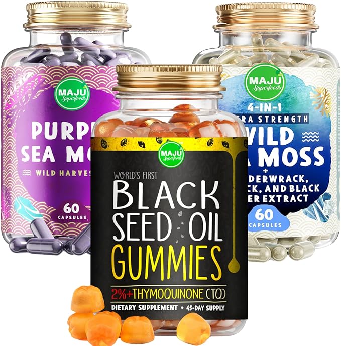 Maju Superfoods Black Seed Oil Gummies and Sea Moss Capsules Bundle