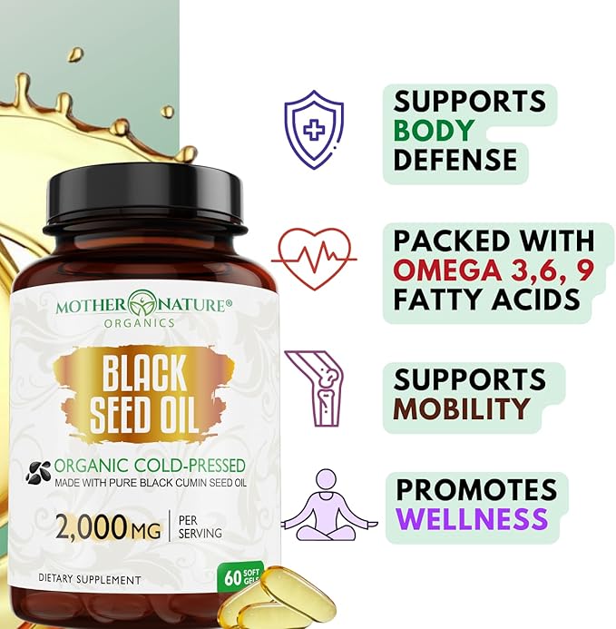 Black Seed Oil Capsules 2000mg Per Serving Organic Cold Pressed Black Cumin High TQ Immune &amp Joint Support 60 Count
