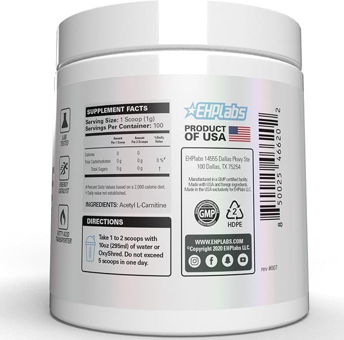 EHP Labs Acetyl L Carnitine Powder - Supports Natural Energy Production Assists in Healthy Brain Function Supports Heart Health Vegan Gluten Free Non GMO - 100 Servings