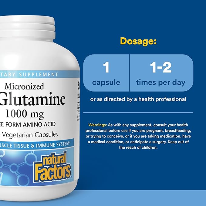 Natural Factors Micronized L-Glutamine 1000 mg Supports Muscles and Immune Function 180 Capsules