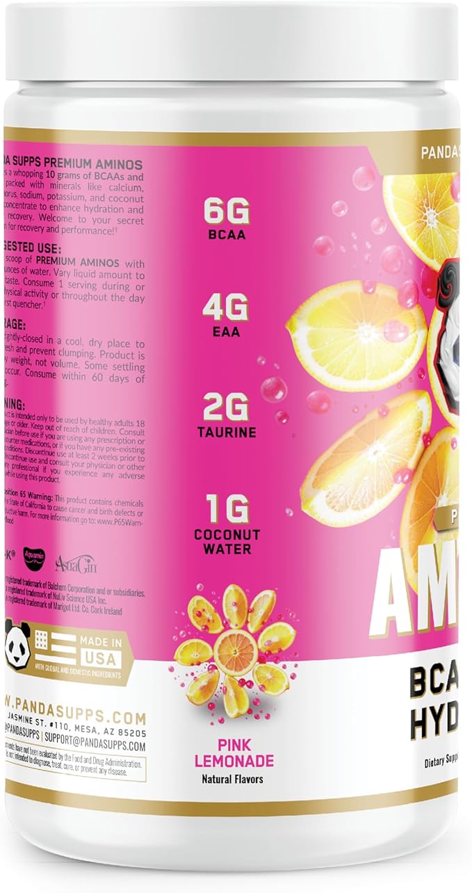 Underground Bio Labs Panda Supps Aminos | BCAA + EAA + Hydration + Eectrolytes for Men and Women with 2G Taurine and 4G EAAs (30 Servings) (Pink Lemonade 3.0)