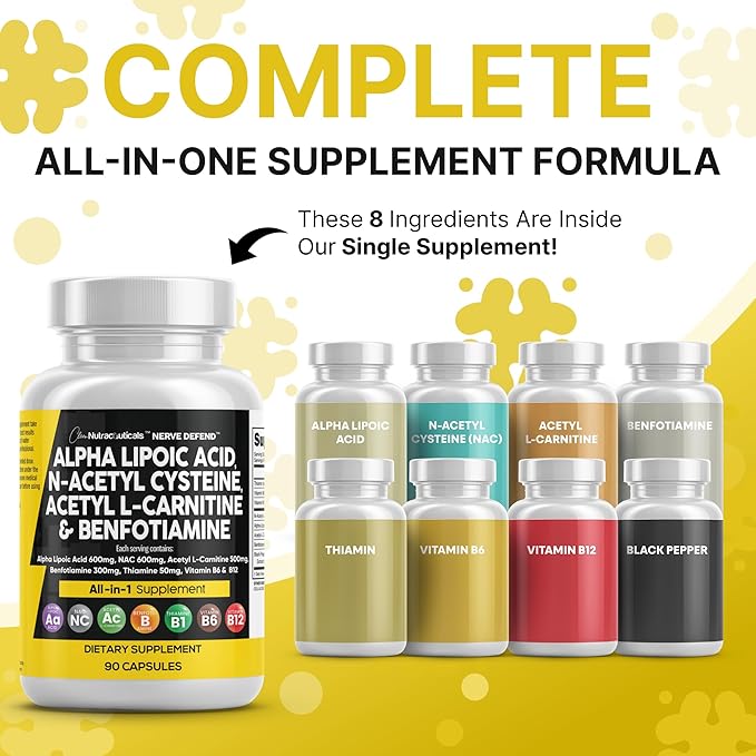 Alpha Lipoic Acid 600mg N-Acetyl Cysteine 600mg Acetyl L-Carnitine 500mg Benfotiamine 300mg - Nerve Support Supplement for Women and Men with Vitamin B1 B6 &amp B12 - Made in USA 90 Caps (Pack of 2)