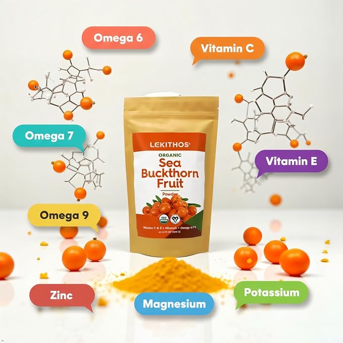 Organic Sea Buckthorn Powder | Organic Omega 6-7-9 Antioxidant Support with Vitamin C E &amp Zinc | Grown in Alpine Italy | USDA Organic Vegan Non-GMO Gluten-Free No Additives | 12oz (340g)