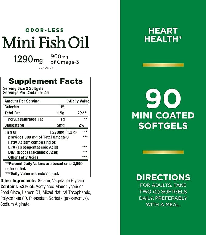 Nature's Bounty Mini Fish Oil Softgels 1290 mg Omega-3 Supports Heart Health Odor-Less 90 Mini Coated Softgels - Pack of 2
