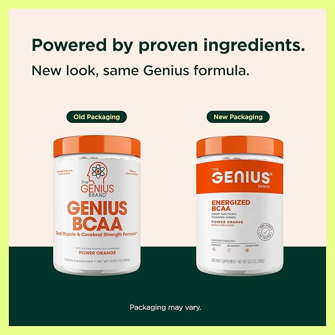 Genius BCAA Powder - 5g Vegan BCAAs L-Glutamine Cognizin &amp Rhodiola Muscle Recovery Energy Support 100mg Caffeine Pre Intra Post-Workout Nootropic Supplement for Focus &amp Performance - Orang