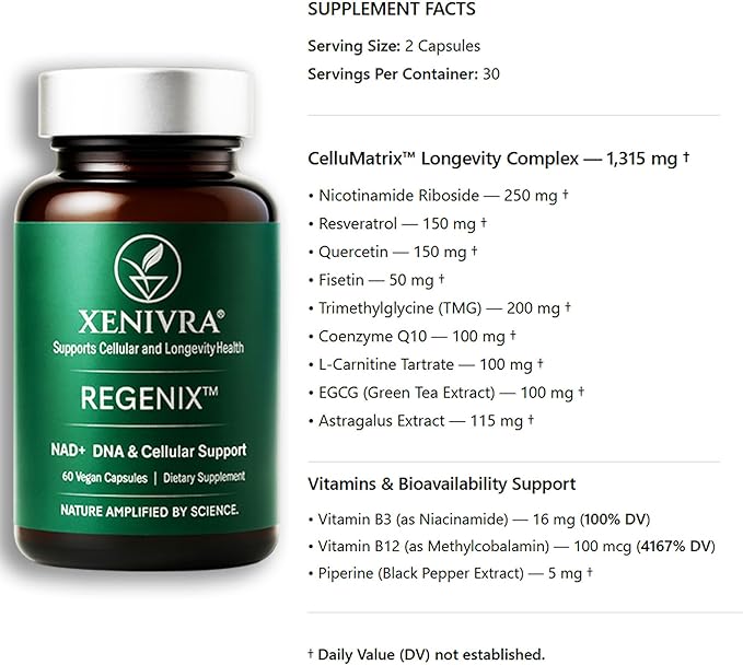 Xenivra Regenix™ NAD+ Supplement | NAD Booster with Nicotinamide Riboside (NR) | Cellular Energy &amp Healthy Aging | Resveratrol &amp CoQ10 | 60 Vegan Capsules