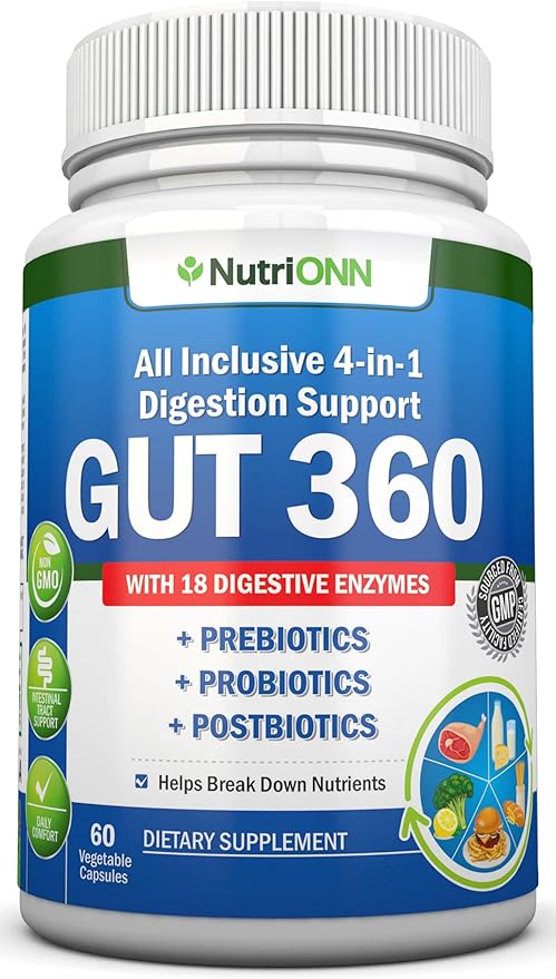 4-in-1 Probiotics Prebiotics &amp Postbiotics with 18 Digestive Enzymes for Women &amp Men - Complete Gut &amp Digestive Support Supplement - Bloating Relief and Enzymes for Digestion - Non GMO -