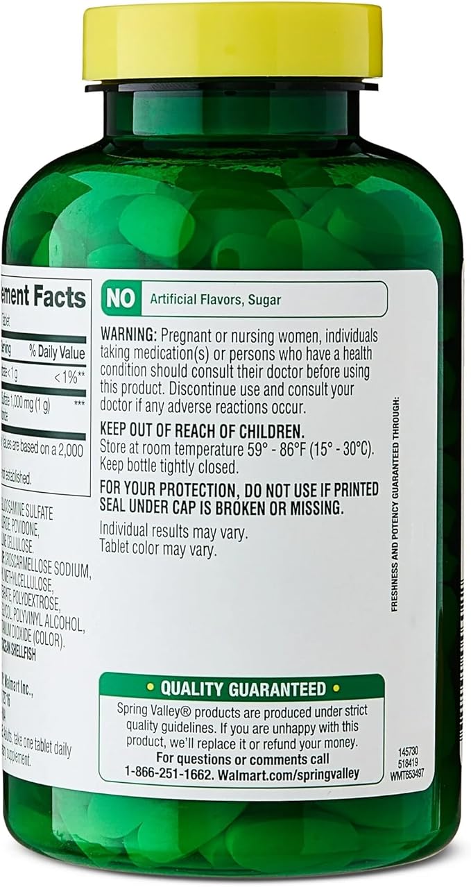 Spring Valley Glucosamine Sulfate Potassium Chloride Dietary Supplement Tablets for Joint Health 1000 mg 200 Count with SUREFECT Organizer