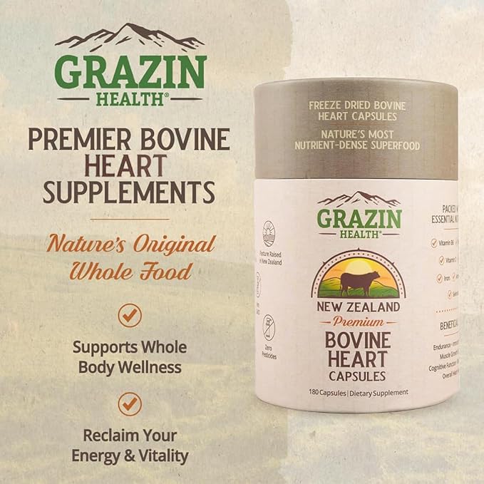 Grass-Fed Freeze-Dried Bovine Heart &amp Liver Capsules 3000 mg per Serving | CoQ10 Iron Zinc &amp B12 Supplement for Natural Heart Energy and Immune Support