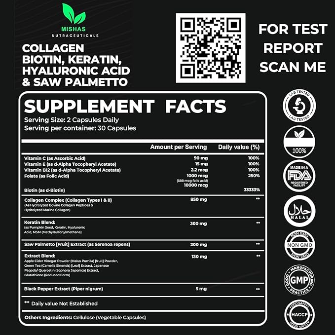 Multi Collagen Hair Pills - Biotin 10000mcg Keratin &amp Hyaluronic Acid - Hair Growth - Hair Skin &amp Nails Vitamins &amp DHT Blocker - Vitamin E Folic Acid Pumpkin Seed MSM Saw Palmetto 60 Ve