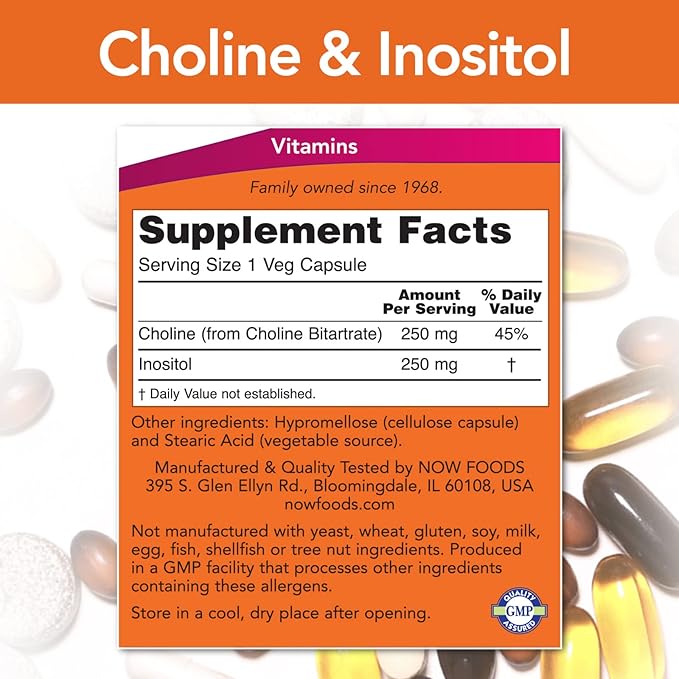 NOW Foods Choline &amp Inositol 500 mg 100 Caps (Pack of 6)