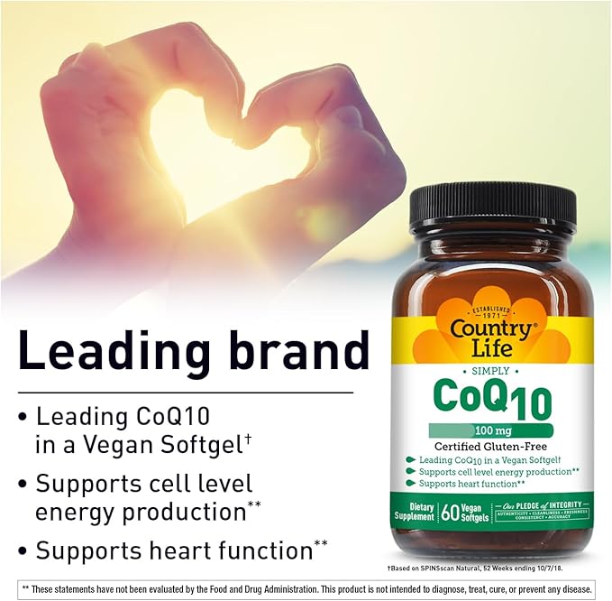 Country Life Simply CoQ10 100mg – Heart Function &amp Cellular Energy Support Supplement Pure Coenzyme Q10 for Antioxidant &amp Cardiovascular Health Certified Gluten Free &amp Vegan 60 Softgels