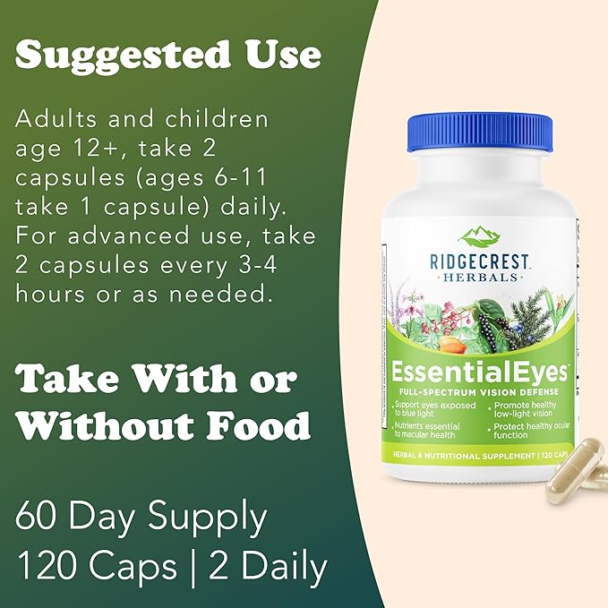 Ridgecrest Herbals EssentialEyes Natural Eye Vitamin Supplements Contains Lutein Zeaxanthin Bilberry Extract Supports Eye and Vision Health (120 Vegan Caps 30 Serv)