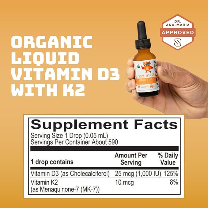 Organic Liquid Vitamin D3 with K2 by Dr. Ana Maria Temple | Supports Strong Bones and Immune Health | USDA Certified Organic | Olive Oil Base for Enhanced Absorption | 1 Fl Oz