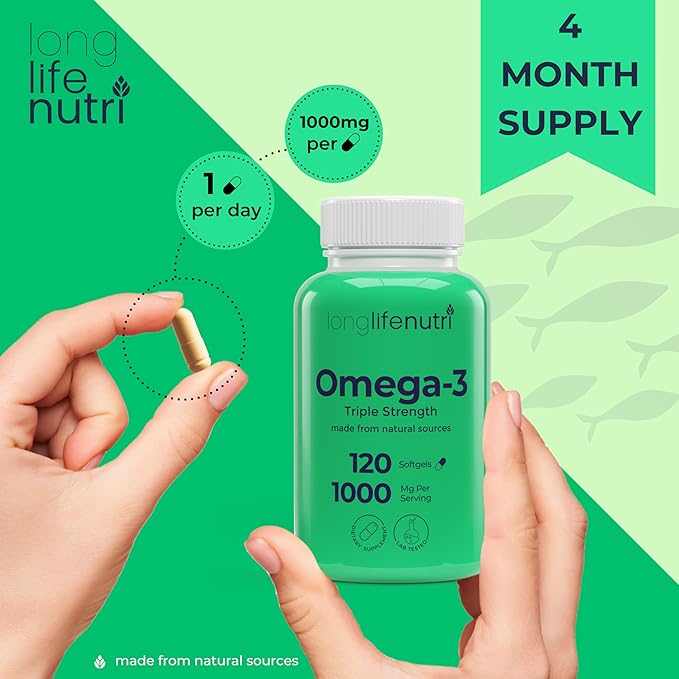 Omega 3 Fish Oil 1000mg - with High EPA &amp DHA 120 Softgels Fatty Acids Supplement for Cognitive Function from Salmon 4-Month Supply GMP Certified Made in USA