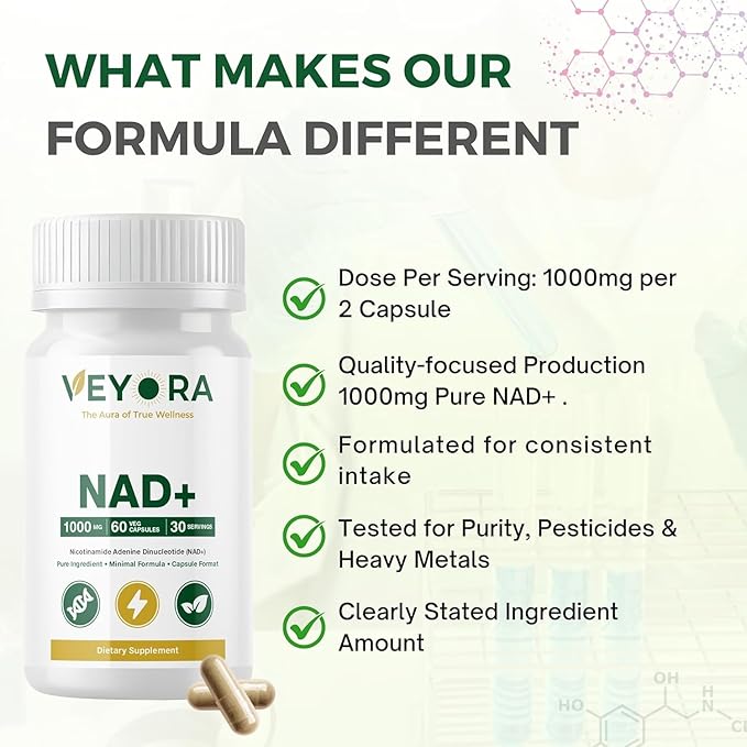 NAD+ 1000 mg | 60 Vegan Capsules | Nicotinamide Adenine Dinucleotide (NAD+) | Dietary Supplement | Non-GMO | Gluten-Free | Made for USA