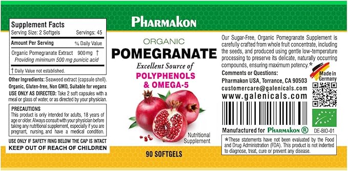 PHARMAKON Organic Pomegranate Extract Highly Bioavailable Softgels Full Spectrum Contains Polyphenols + Omega 5