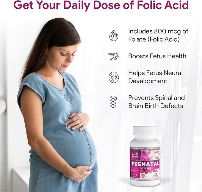 Nutri Supreme Prenatal Vitamin Chewable Prenatal Vitamins for Women with 800 MCG of Folate Complete Pregnancy Multivitamin with Iron Kosher Cherry Flavor 90 Count