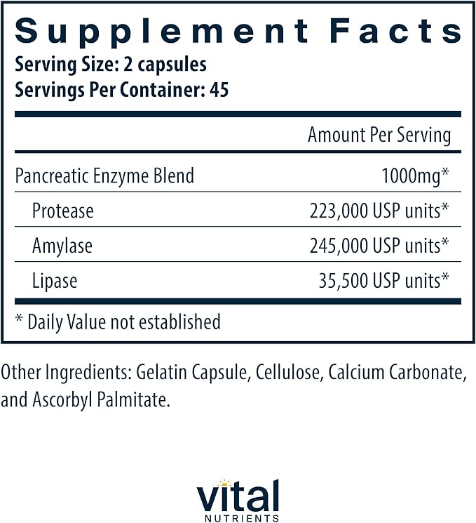 Vital Nutrients Pancreatic Enzymes 1000mg (Full Strength) - Pancreatin Digestion Supplement with Protease Amylase &amp Lipase - Digestive Enzymes - Gluten Dairy and Soy Free - 90 Capsules