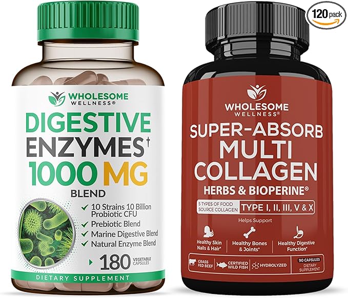 Wholesome Wellness Digestive Enzymes 1000MG Plus Prebiotics &amp Probiotics Supplement + Super-Absorb Multi Collagen Pills (Type I II III V X) Organic Herbs and Bioperine Bundle