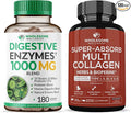 Wholesome Wellness Digestive Enzymes 1000MG Plus Prebiotics &amp Probiotics Supplement + Super-Absorb Multi Collagen Pills (Type I II III V X) Organic Herbs and Bioperine Bundle