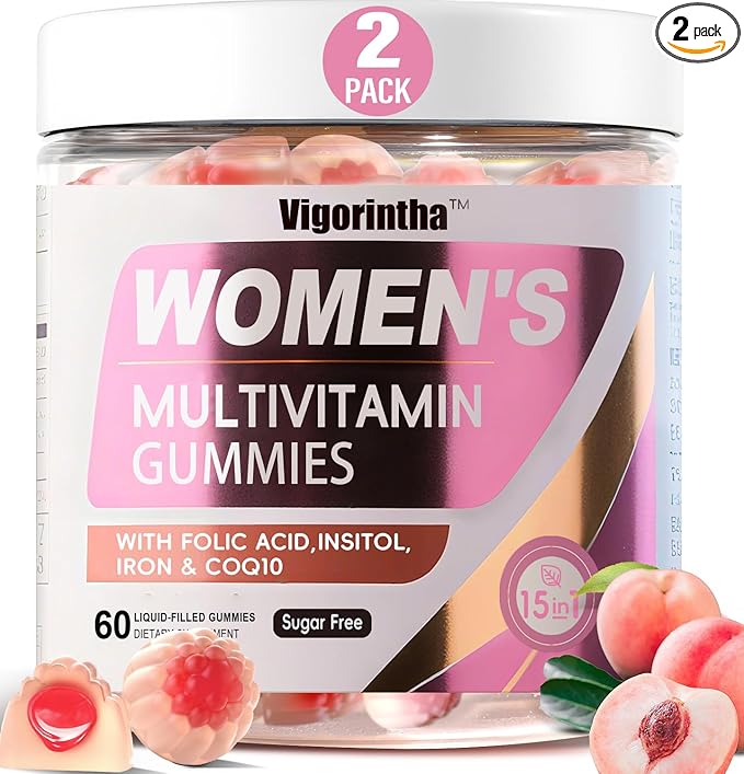 2 Pack Sugar Free Womens Multivitamin Gummies with 19 Multi Vitamins &amp MineralsIronCalciumFolateBiotinInositol for SkinHairEnergy and ImmuneVeganNatural Peach Flavored 120 Count